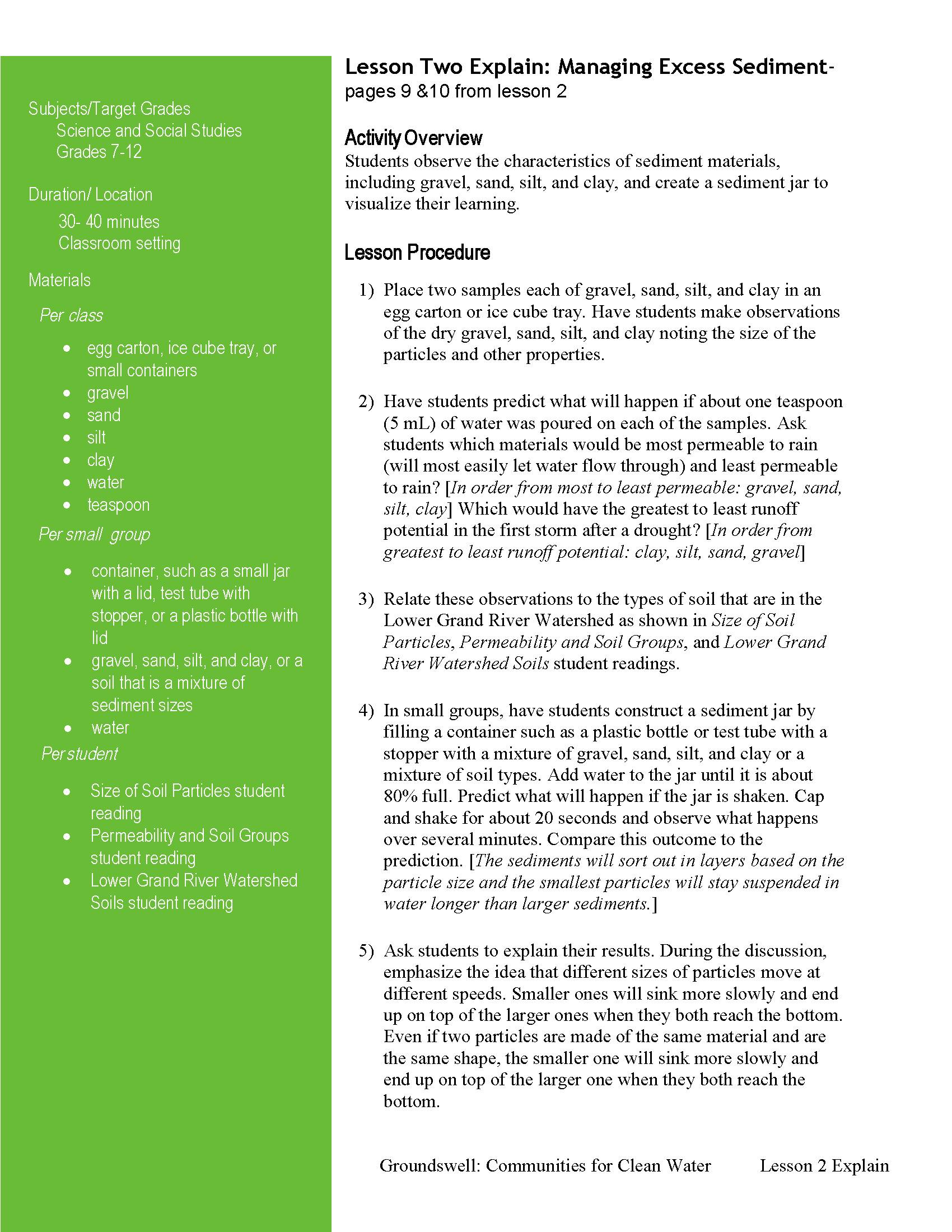 Cover page of Lesson Two Explain: Managing Sediment Pollution